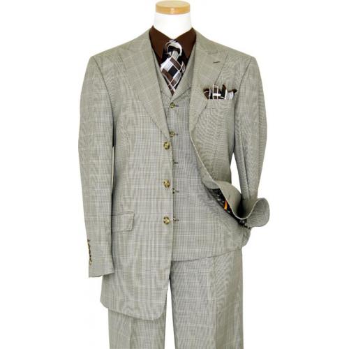 Masteloni Collection Champagne / Black / Grey / Brown Houndstooth Windowpanes Super 150'S Vested Suit 6282-573